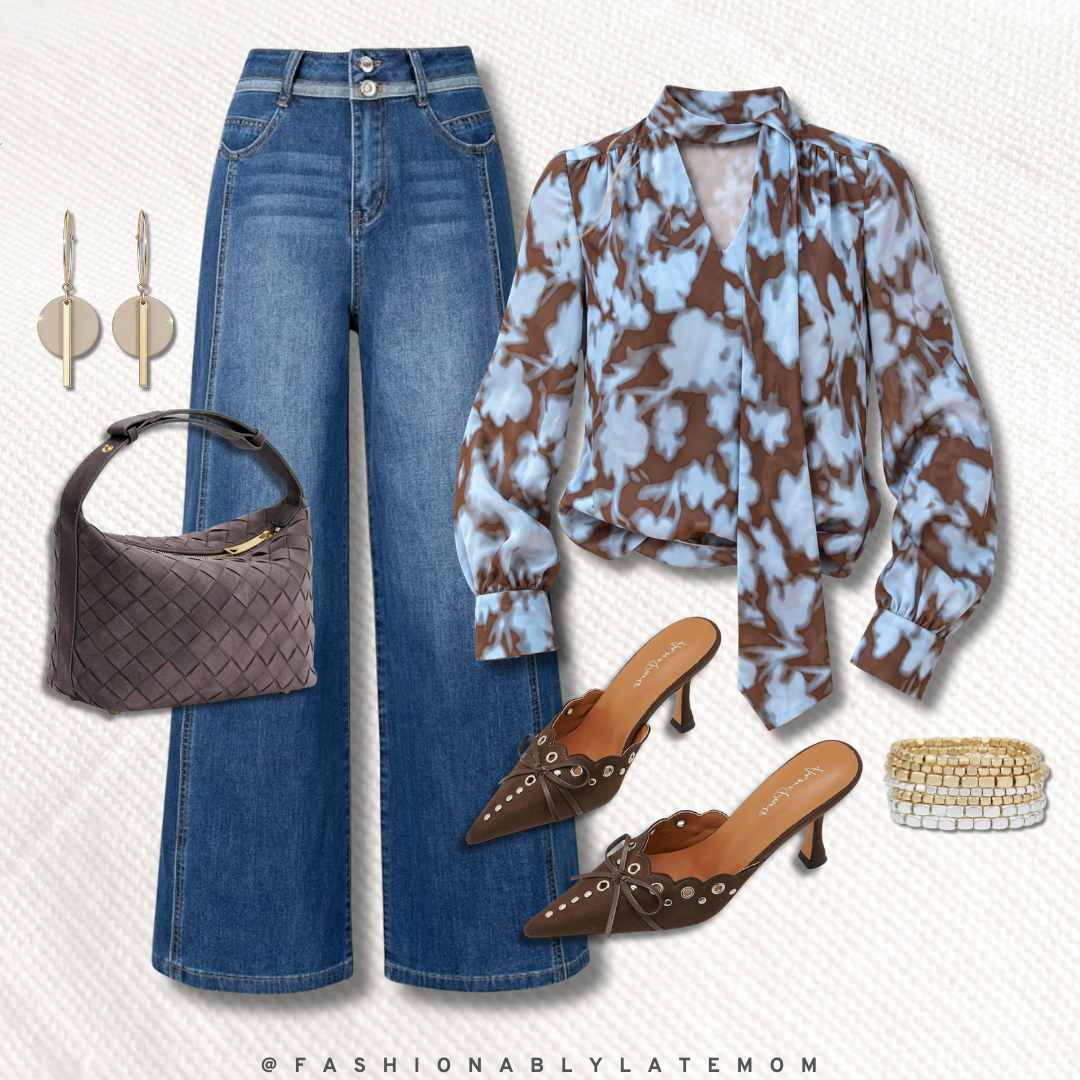 Blue and brown print tie-neck blouse with wide leg jeans and brown studded mules — new Amazon outfit idea from Fashionably Late Mom
