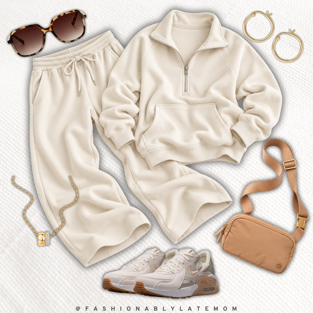 Cream quarter zip sweatshirt and jogger set with sneakers and a tan belt bag — new Amazon outfit idea from Fashionably Late Mom