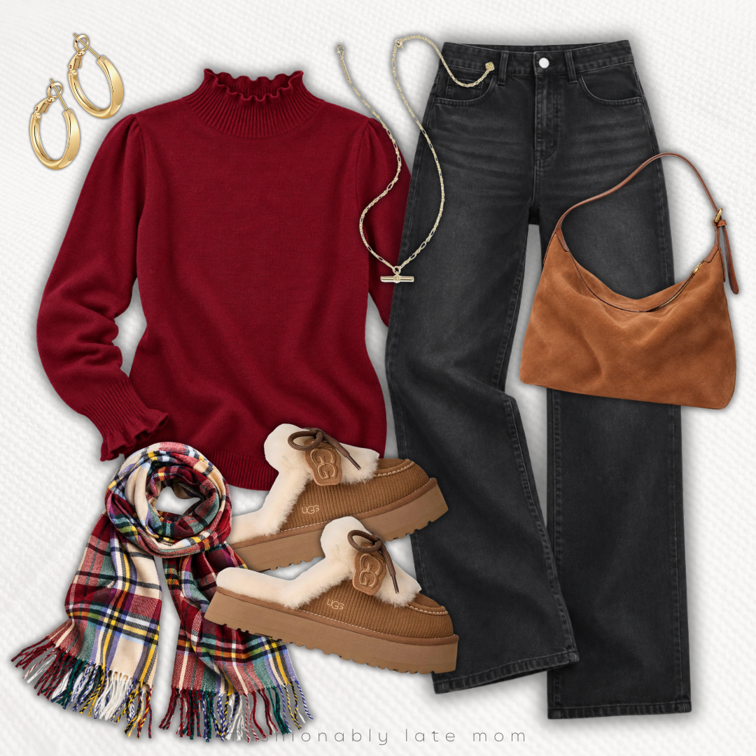 Burgundy ruffle mock neck sweater with black wide leg jeans, a plaid scarf and UGG platform slippers — new Amazon outfit idea from Fashionably Late Mom