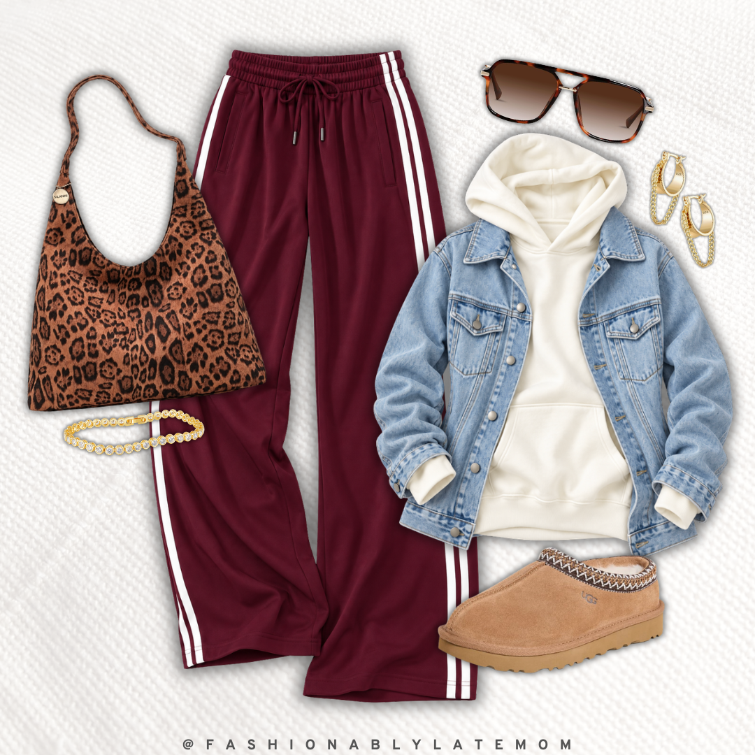 Burgundy track pants with a cream hoodie, denim jacket, UGG Tasman slippers and a leopard bag — new Amazon outfit idea from Fashionably Late Mom