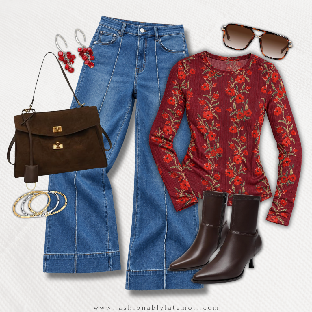 Red floral long sleeve top with wide leg jeans and brown pointed-toe boots — new Amazon outfit idea from Fashionably Late Mom