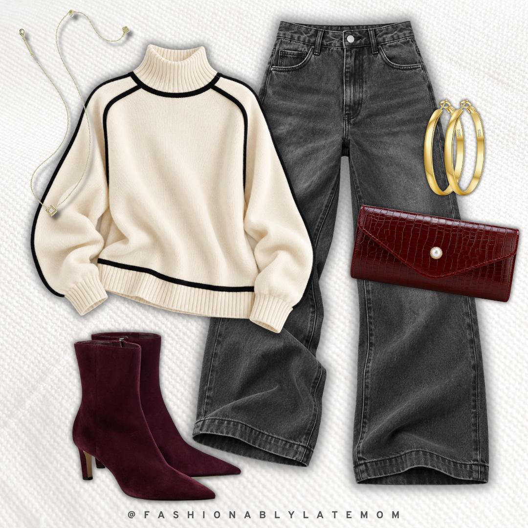 Cream turtleneck sweater with grey wide leg jeans and burgundy suede boots — new Amazon outfit idea from Fashionably Late Mom
