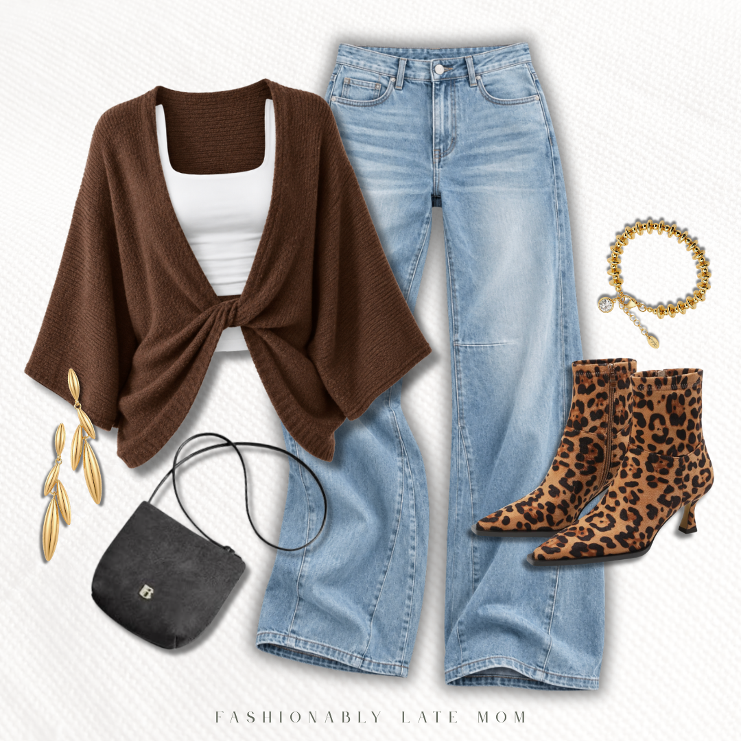 Brown knit shrug with a white tank, light wash jeans and leopard booties — new Amazon outfit idea from Fashionably Late Mom