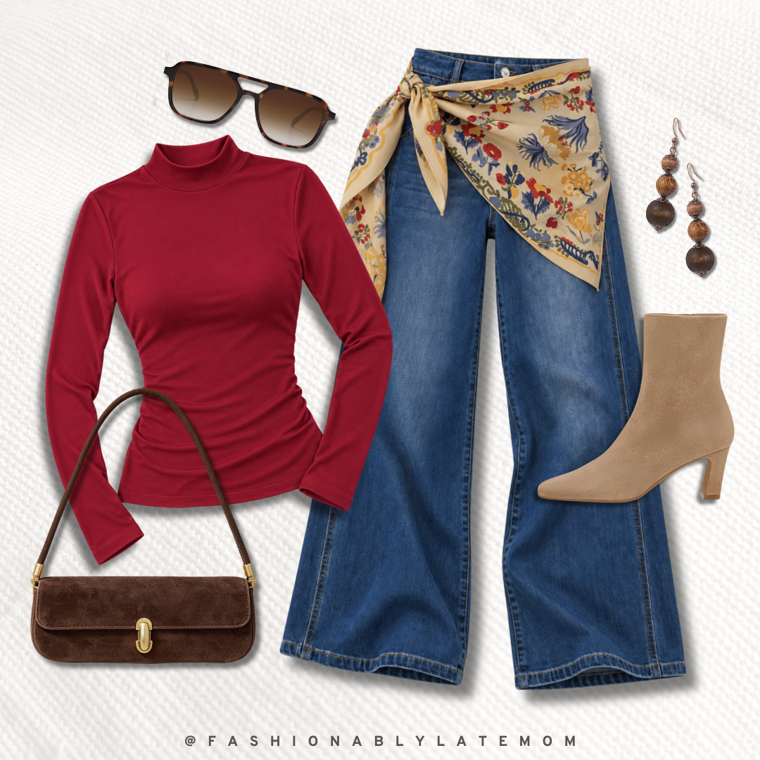 Red mock neck top with a printed scarf belt, wide leg jeans and tan ankle boots — new Amazon outfit idea from Fashionably Late Mom