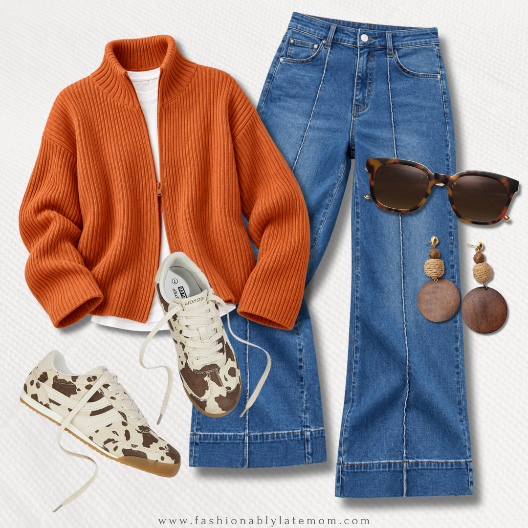 Orange zip cardigan with a white tee, wide leg jeans and cow print sneakers — new Amazon outfit idea from Fashionably Late Mom