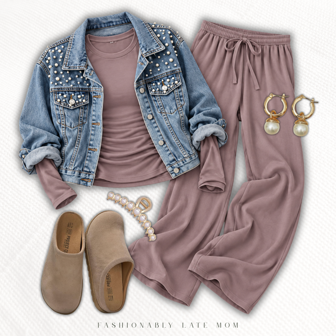 Pearl embellished denim jacket with a mauve tee, matching lounge pants and suede clogs — new Amazon outfit idea from Fashionably Late Mom