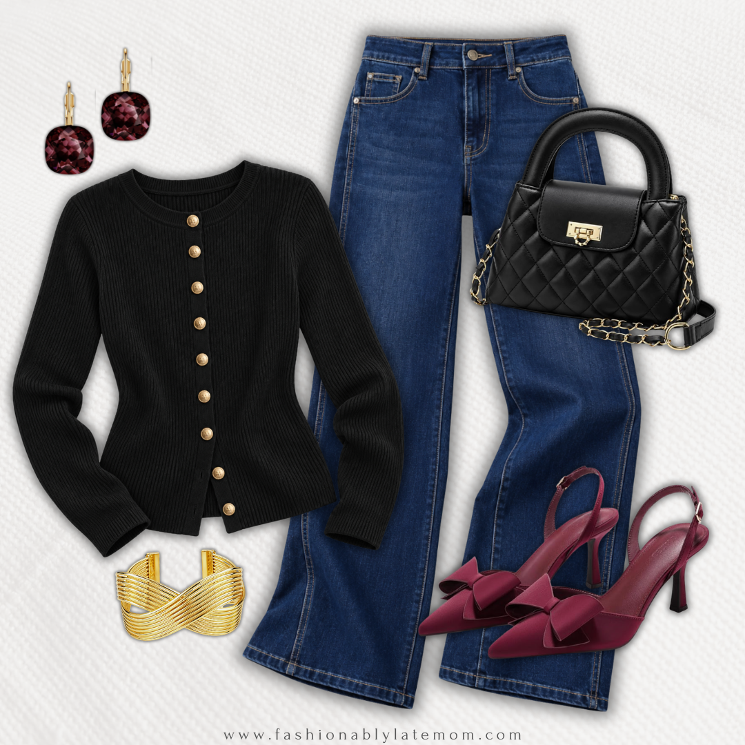 Black gold-button cardigan with dark wide leg jeans and burgundy bow heels