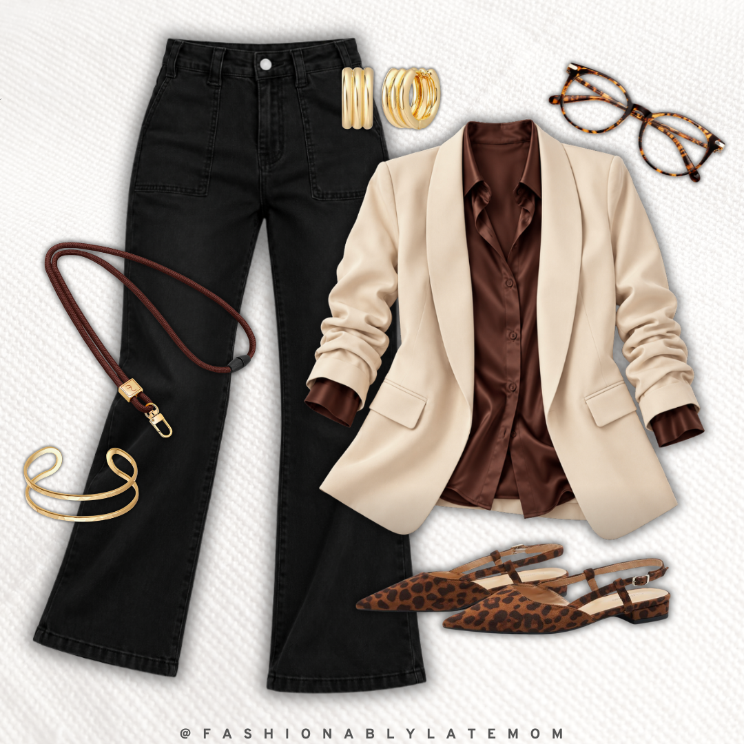 Cream blazer over a brown satin blouse with black jeans and leopard slingback flats