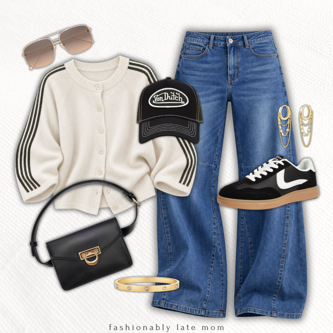 Cream striped cardigan with wide leg jeans, a trucker hat and black sneakers