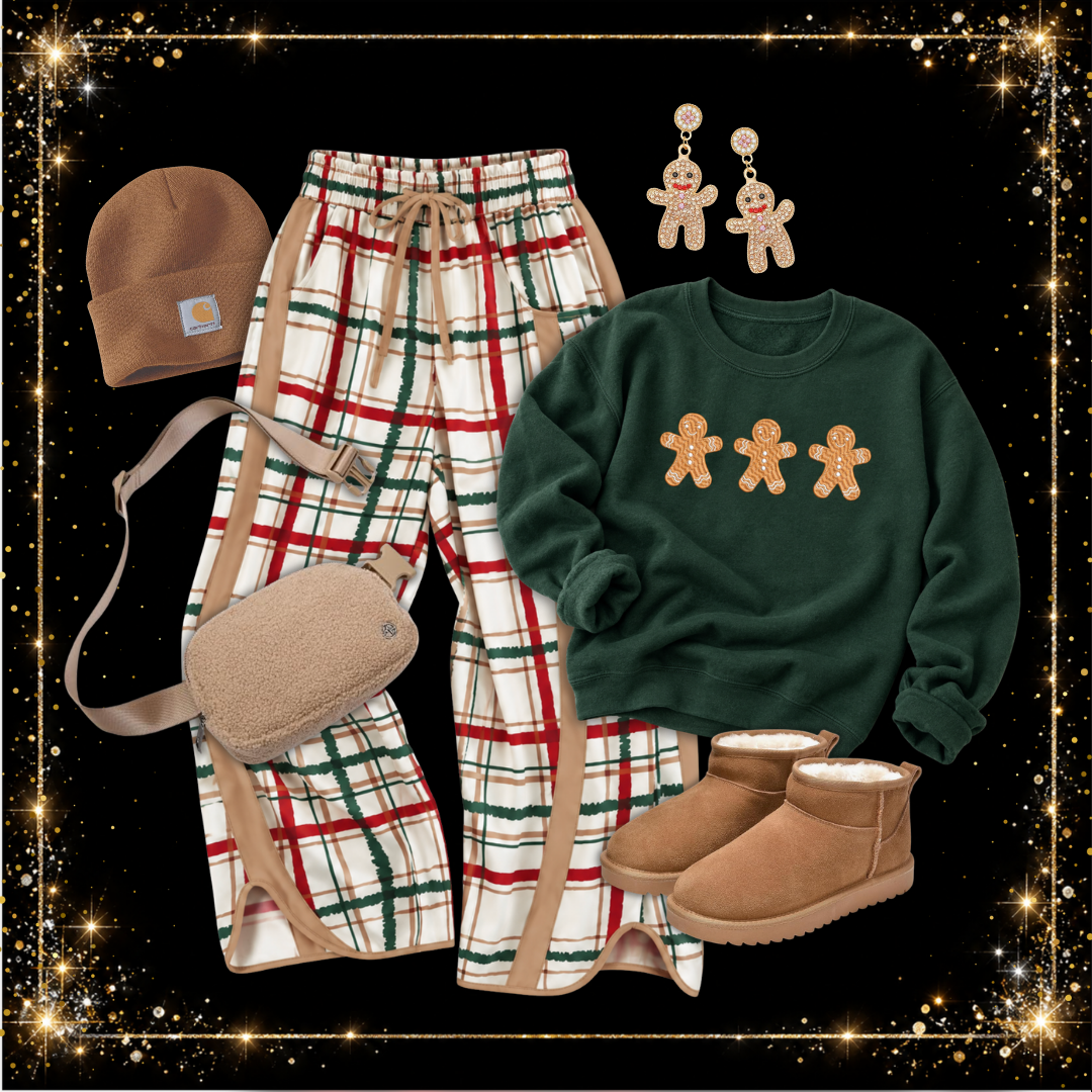Gingerbread graphic sweatshirt with plaid pants, a tan beanie and UGG mini boots