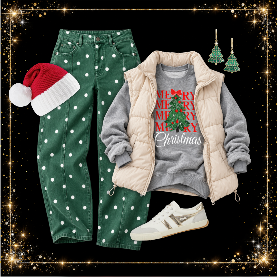 Merry Christmas graphic sweatshirt with a cream puffer vest, green polka dot pants and a Santa hat