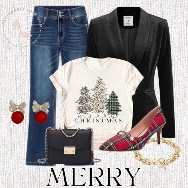 Black velvet blazer outfit with Merry Christmas tree graphic tee, wide leg jeans, red plaid pumps and black chain shoulder bag