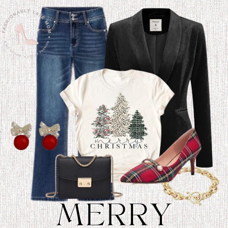 Black velvet blazer outfit with Merry Christmas tree graphic tee, wide leg jeans, red plaid pumps and black chain shoulder bag