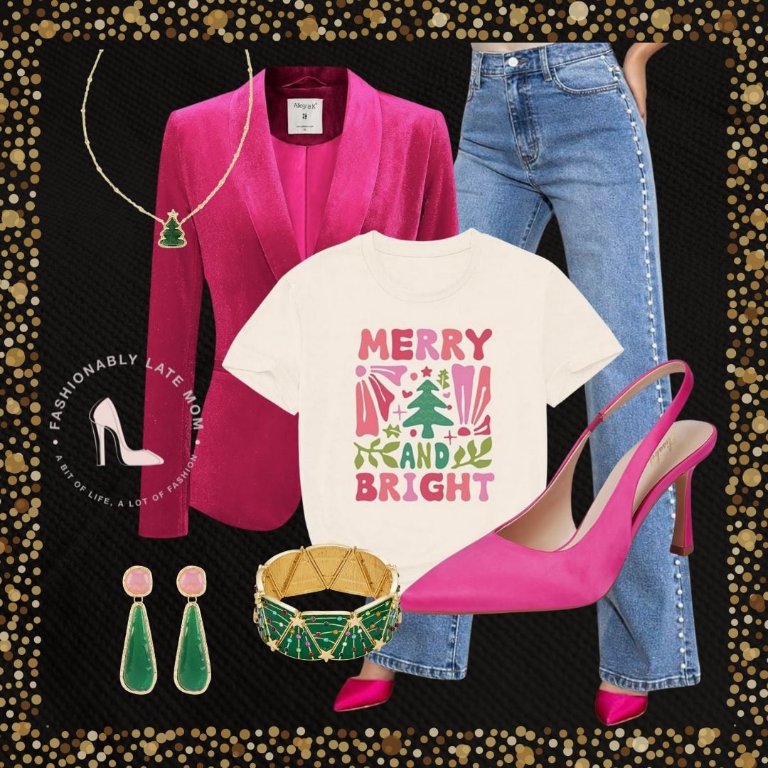 Hot pink velvet blazer with Merry and Bright graphic tee, straight leg jeans and pink slingback heels