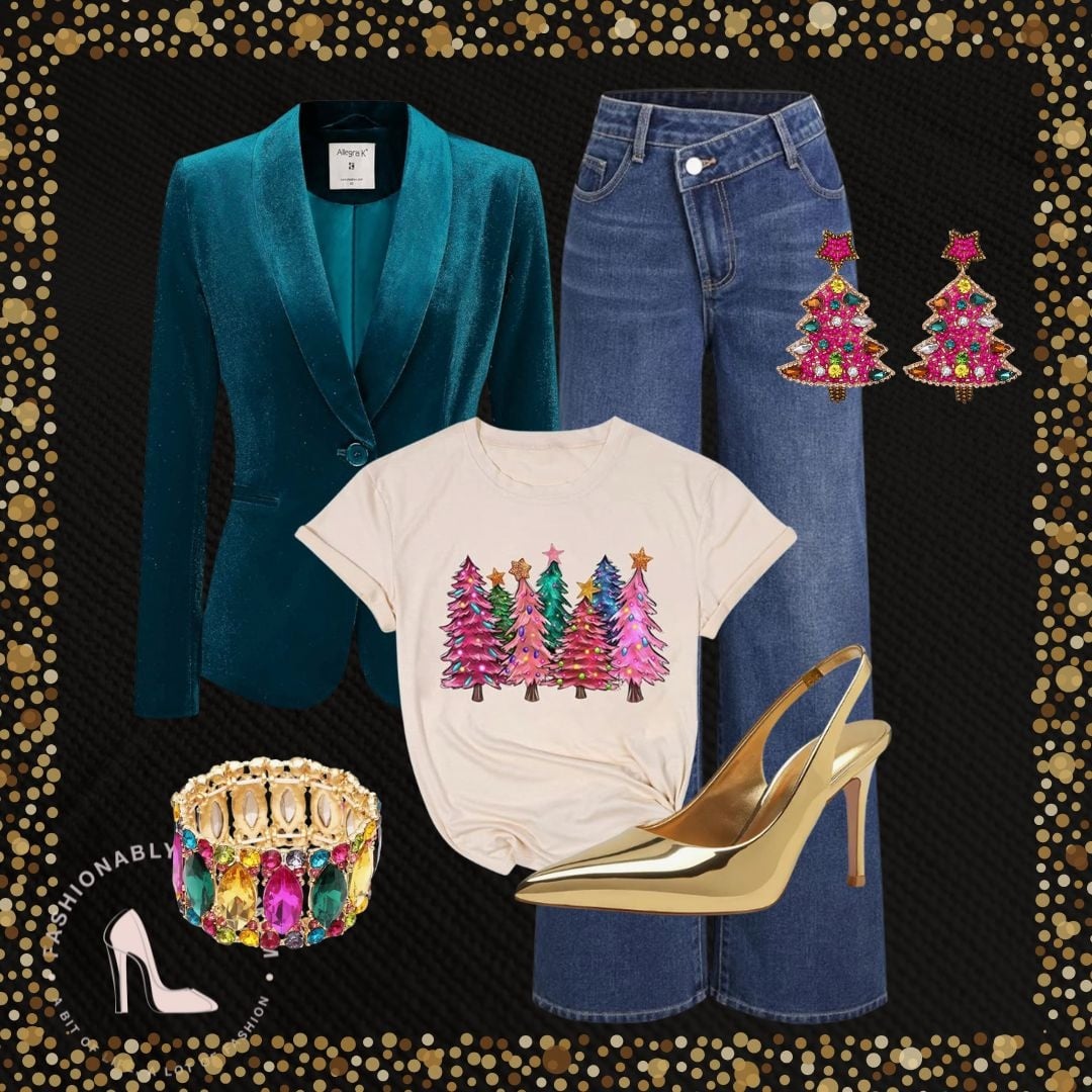 Teal velvet blazer with pink Christmas tree graphic tee, wide leg jeans and gold metallic heels