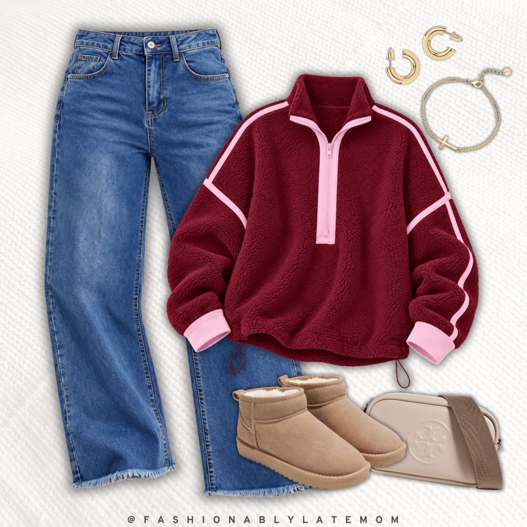 Burgundy sherpa half-zip pullover with wide leg jeans and UGG mini boots
