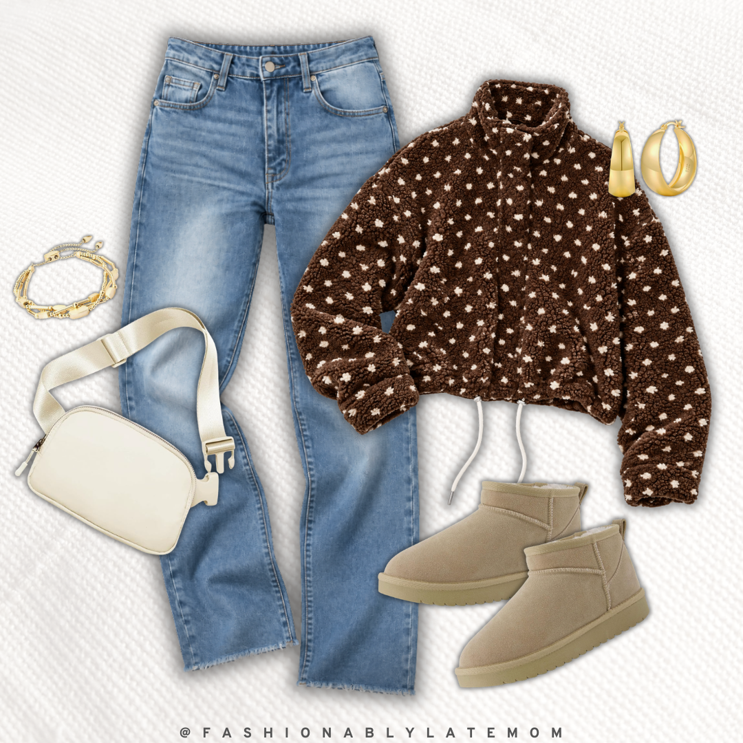 Brown polka dot sweater with light wash jeans and UGG mini boots