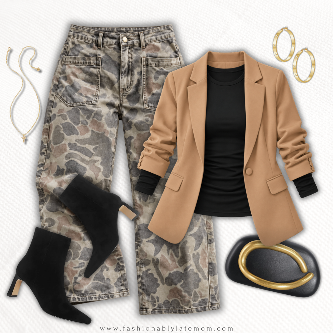 Camel blazer with a black top, camo wide leg pants and black ankle boots