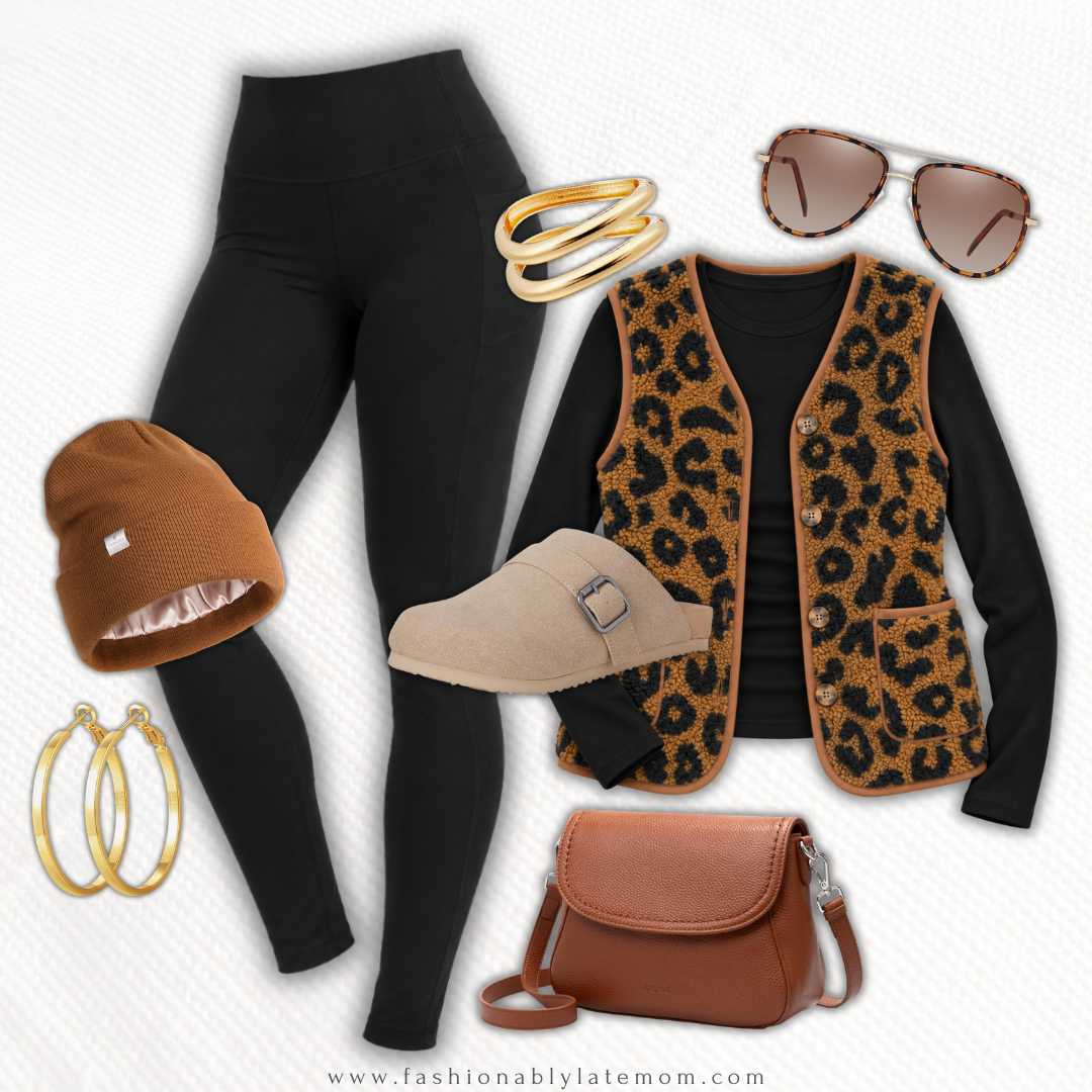 Leopard sherpa vest with a black top, black leggings, a rust beanie and suede clogs
