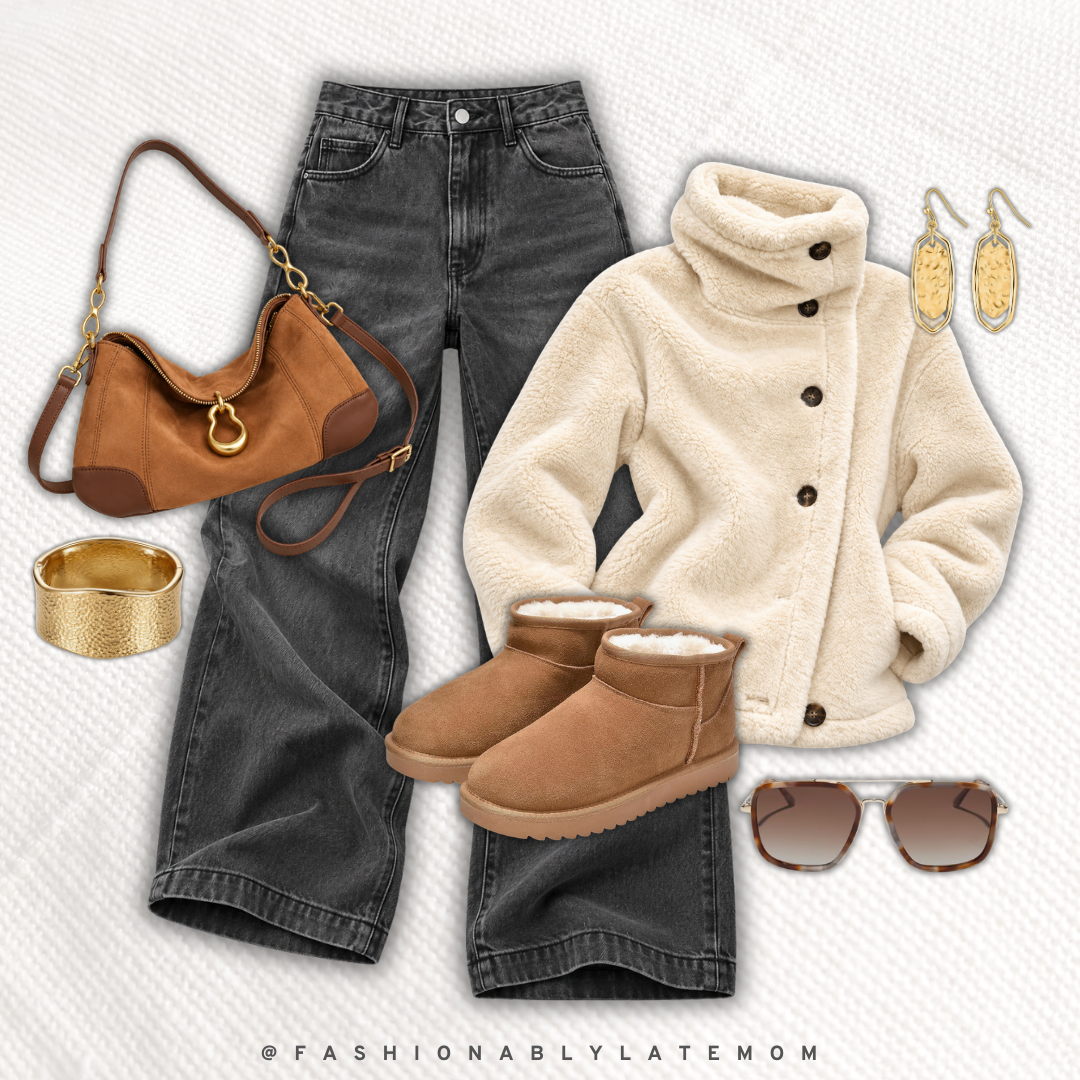 Cream sherpa jacket with black wide leg jeans and UGG mini boots