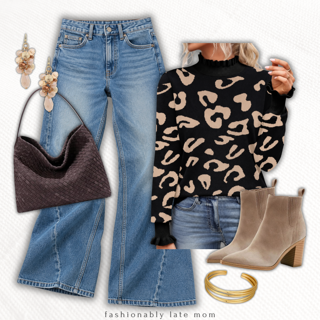 Black and tan leopard sweater with flare jeans and taupe ankle boots