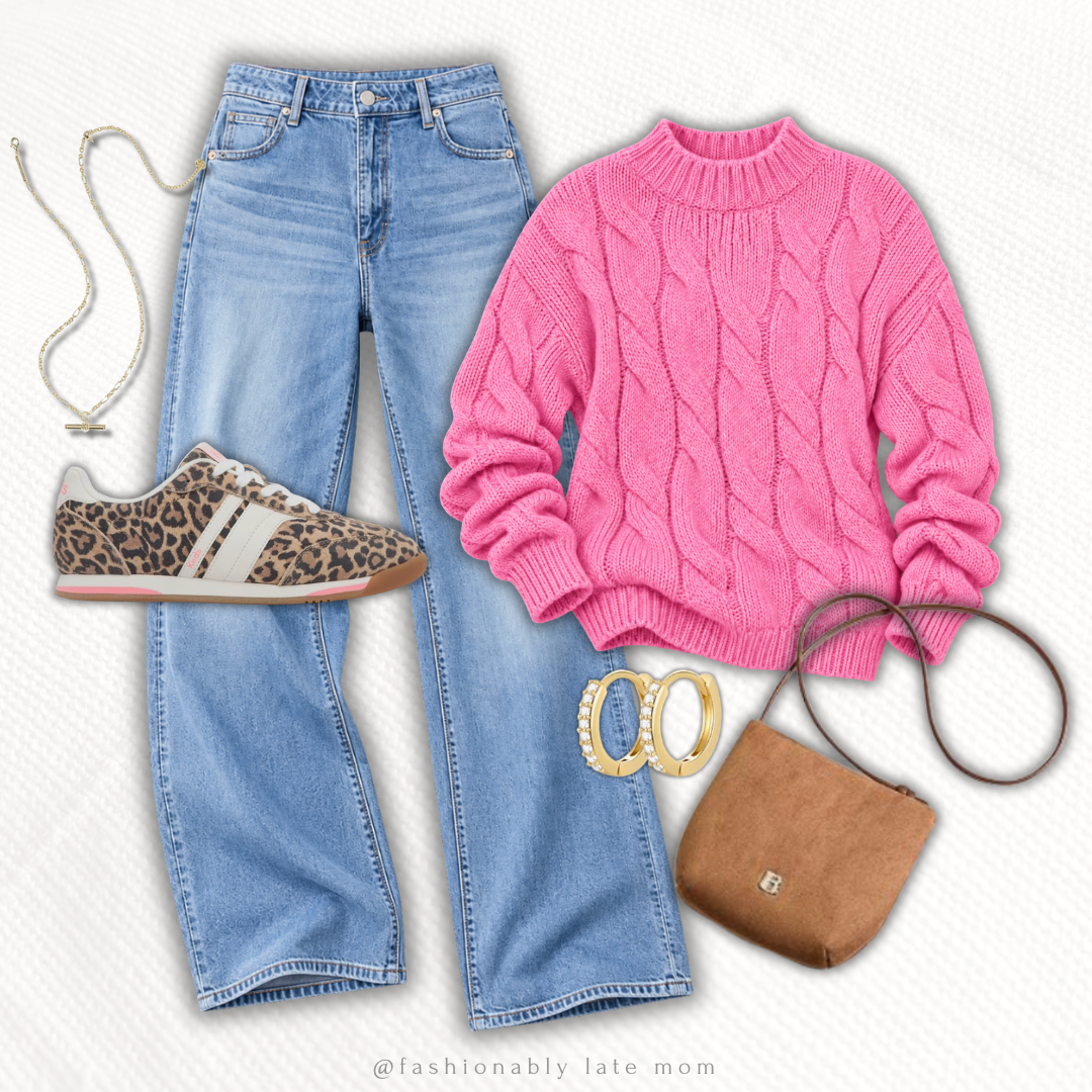 Pink cable knit sweater with light wash jeans and leopard sneakers