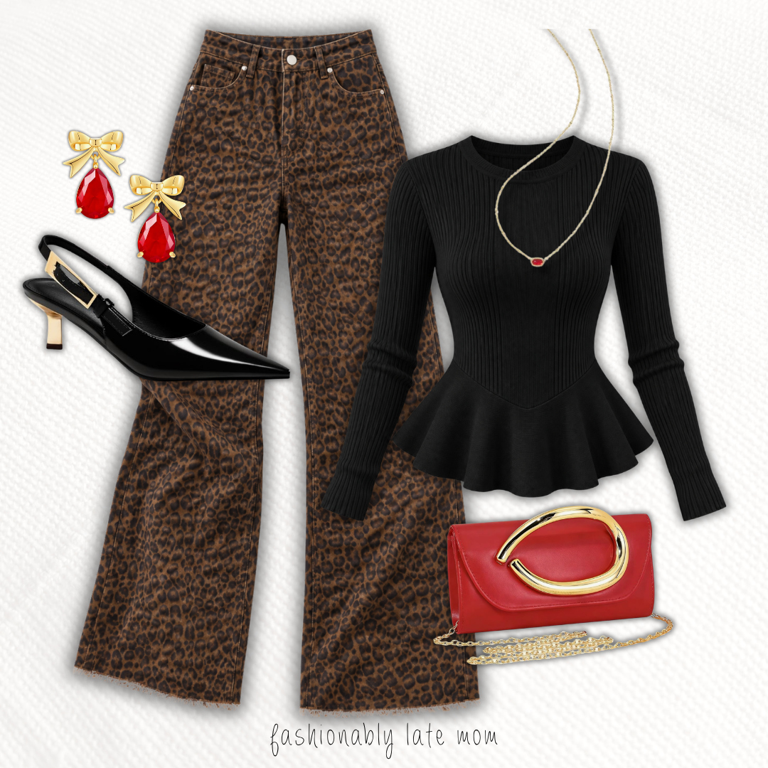 Black peplum sweater with leopard wide leg pants, black slingback heels and a red clutch