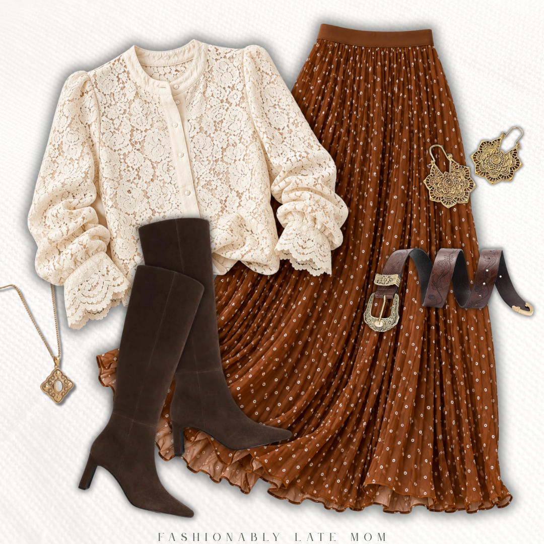 Cream lace cardigan with a rust polka dot midi skirt and tall brown suede boots