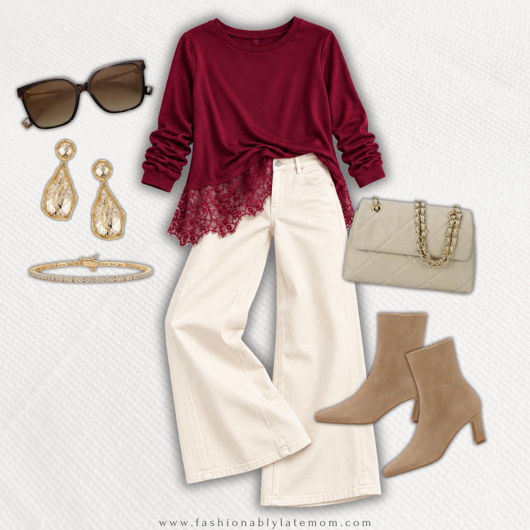 Burgundy lace trim sweater with cream wide leg pants and tan booties