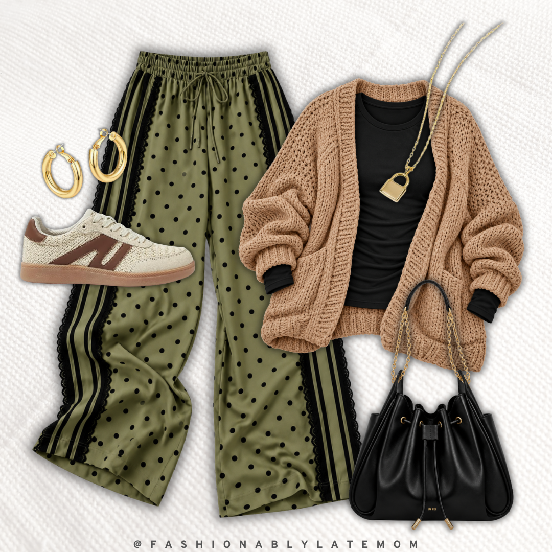 Brown chunky cardigan with a black top, olive polka dot wide leg pants and sneakers