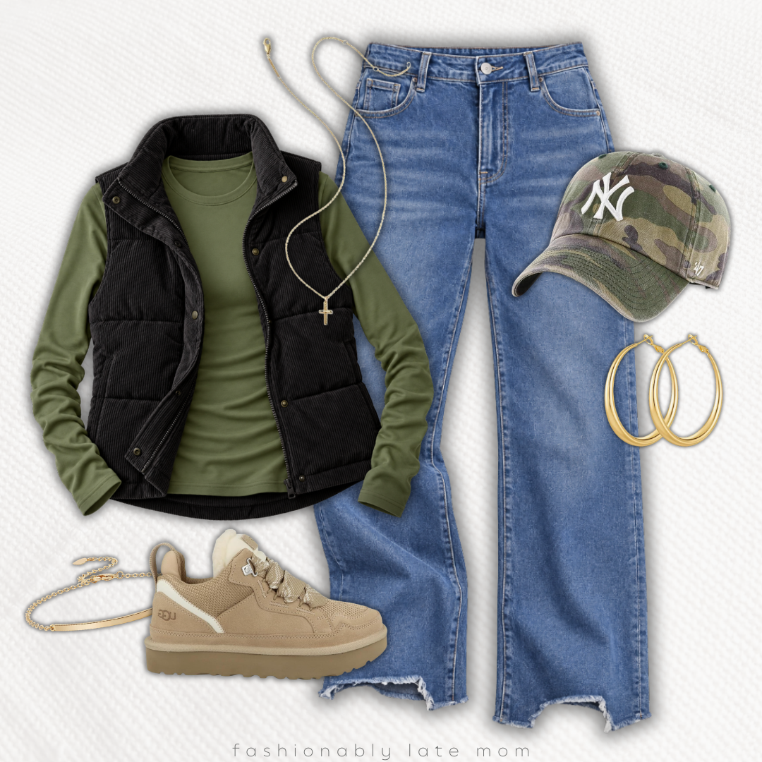 Black puffer vest over an olive top with wide leg jeans, a ball cap and suede sneakers