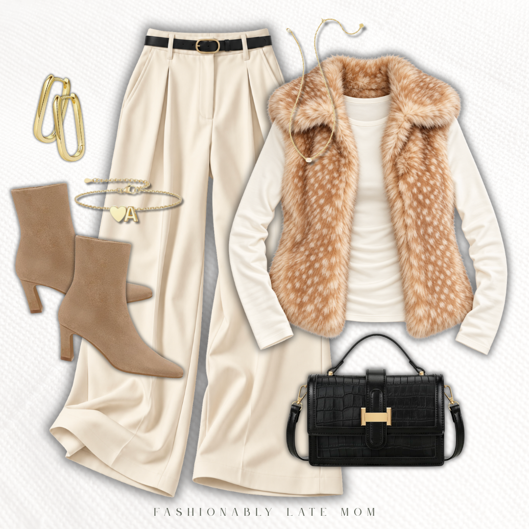 Faux fur vest with a cream top, cream trousers and tan suede boots
