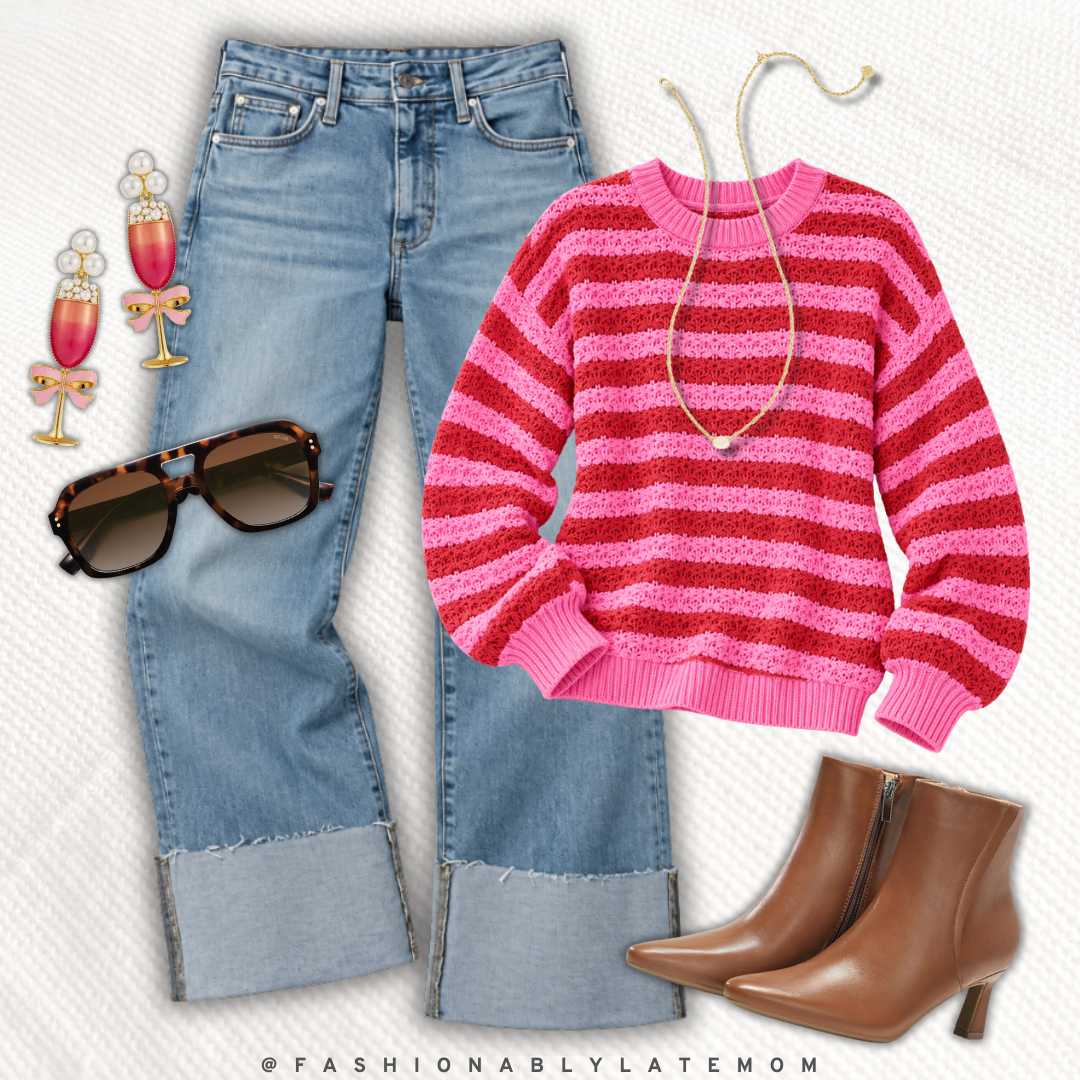 Pink and red striped sweater with cuffed jeans and brown ankle boots