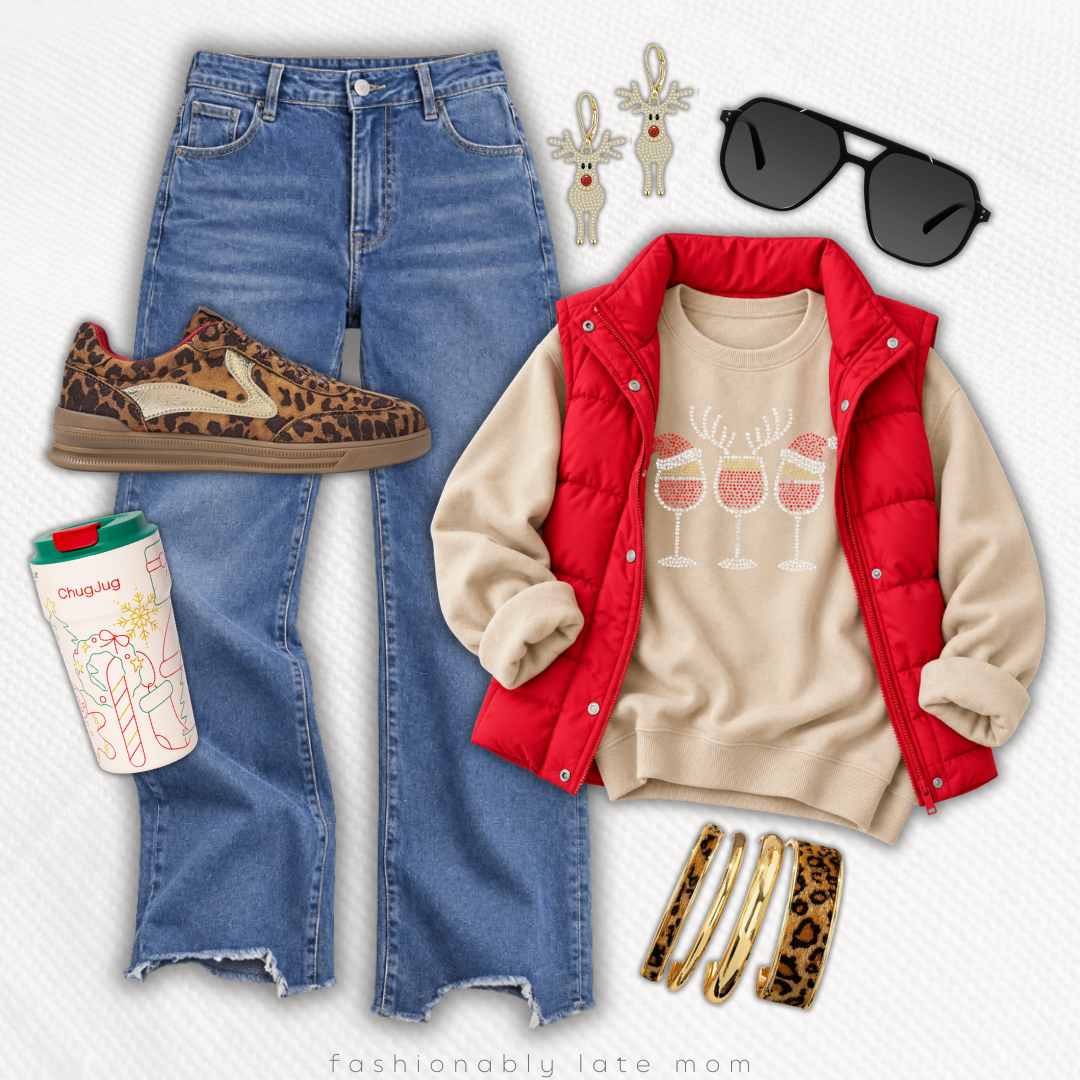 Red puffer vest over a cream holiday graphic sweatshirt with flare jeans and leopard sneakers