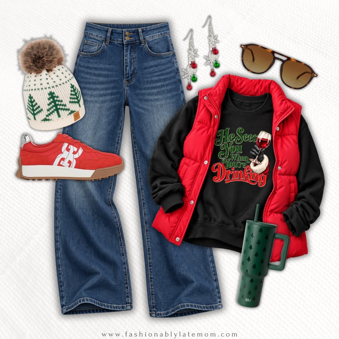 Casual Christmas outfit with a black He Sees You When You're Drinking graphic sweatshirt, red puffer vest, wide leg jeans, red retro sneakers and a Christmas tree beanie