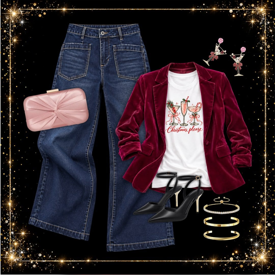 Dressy Christmas outfit with a burgundy velvet blazer, Christmas Please cocktail graphic tee, dark wide leg jeans, black heels and a pink clutch