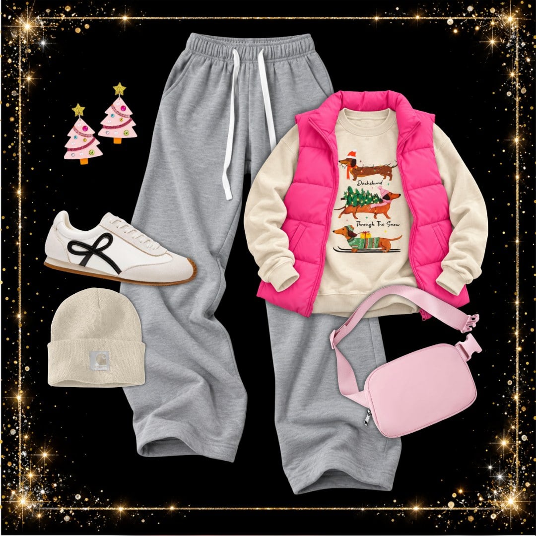 Comfy Christmas outfit with a Dachshund Through The Snow sweatshirt, hot pink puffer vest, gray sweatpants, white bow sneakers and a pink belt bag