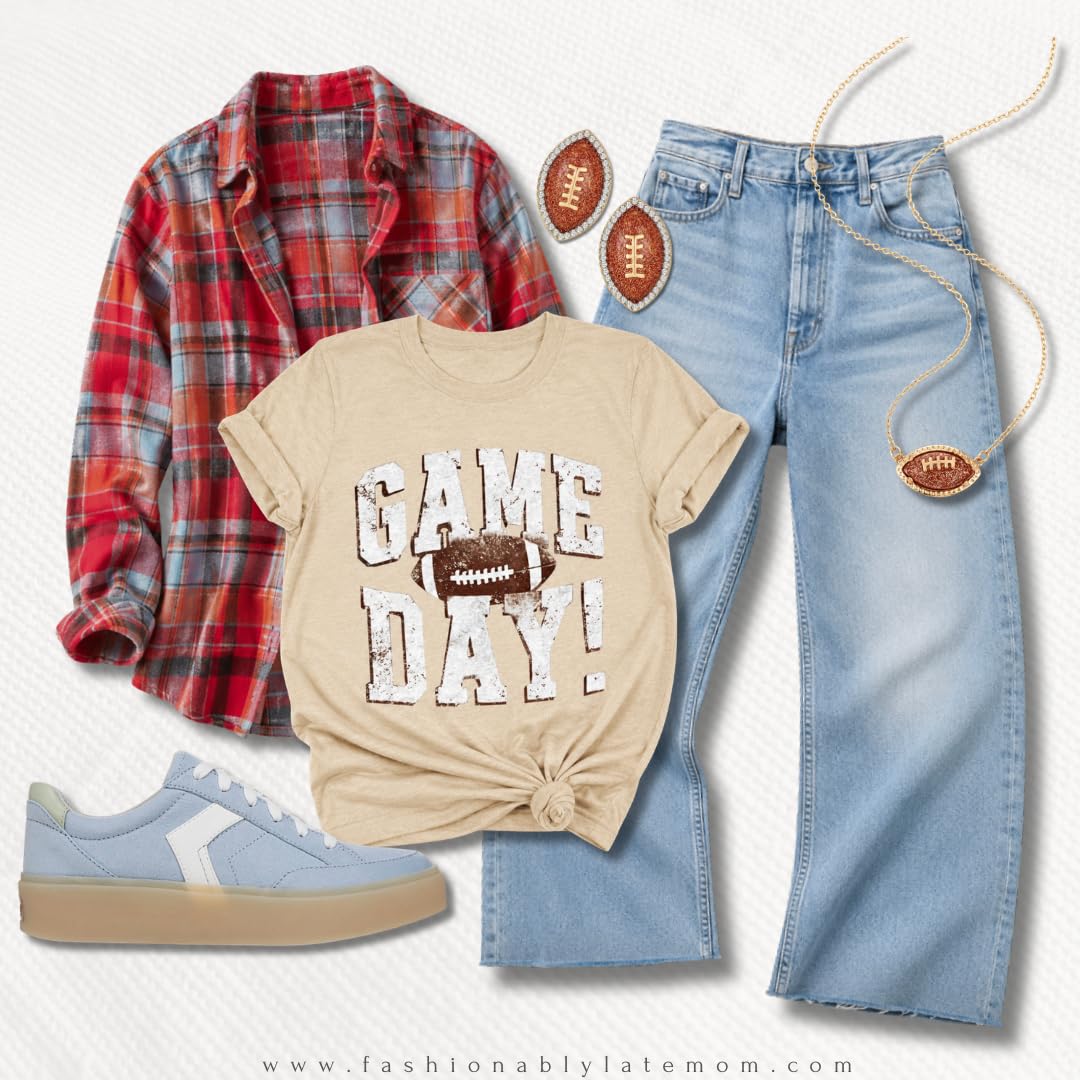 Game Day graphic tee with red plaid flannel, light wash wide leg jeans and blue sneakers