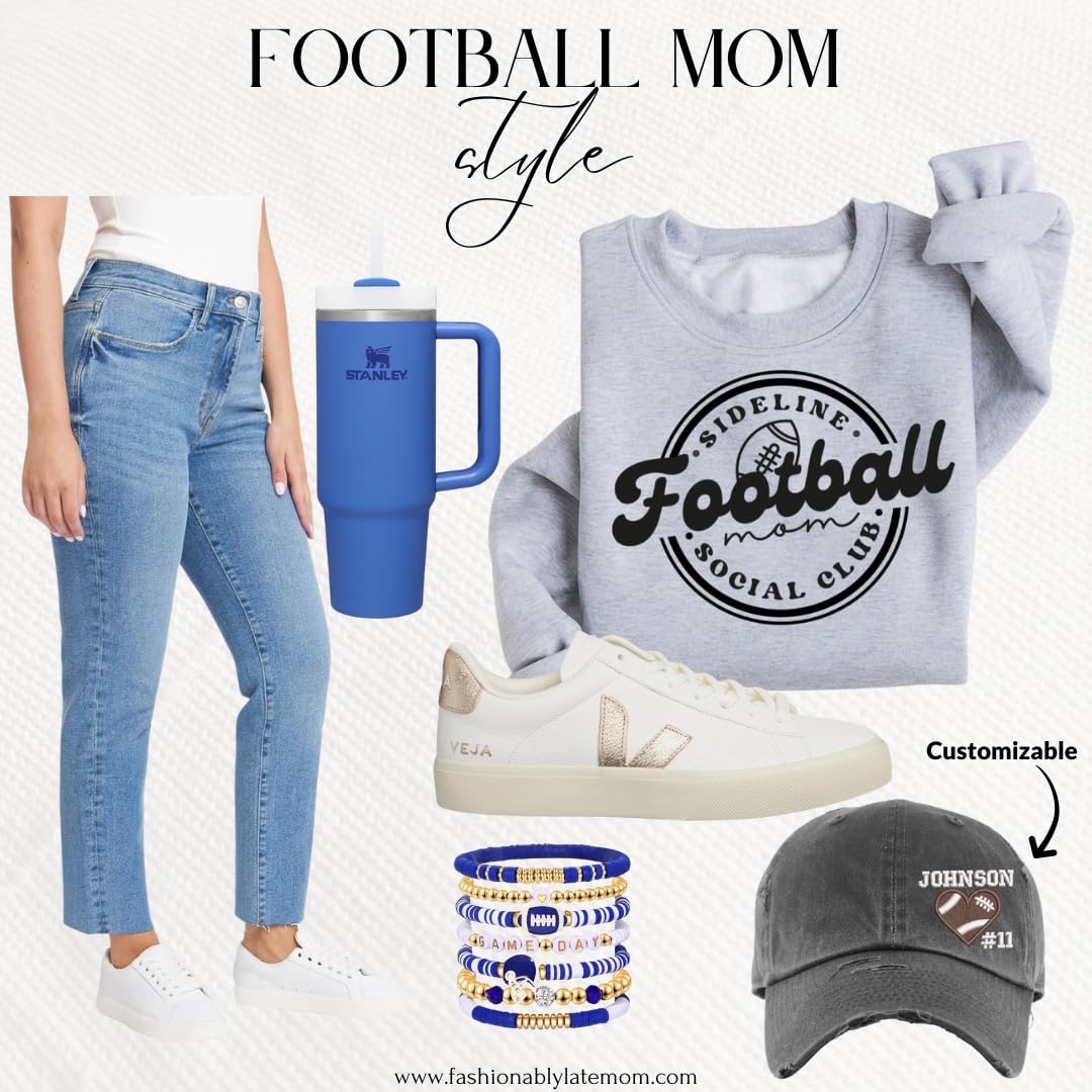Sideline Football Mom Social Club sweatshirt with straight leg jeans, white sneakers and a custom football cap