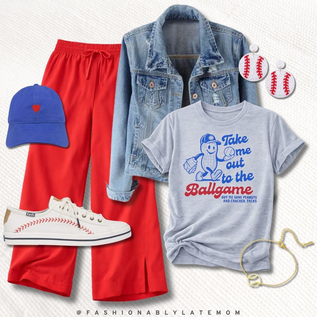 Take Me Out to the Ballgame tee with a denim jacket, red wide leg pants and baseball stitch sneakers
