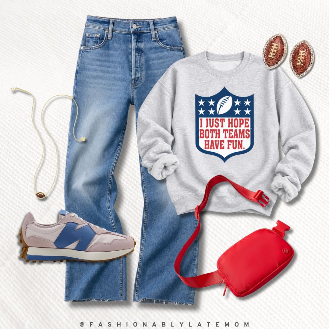 I Just Hope Both Teams Have Fun sweatshirt with cropped flare jeans and a red belt bag