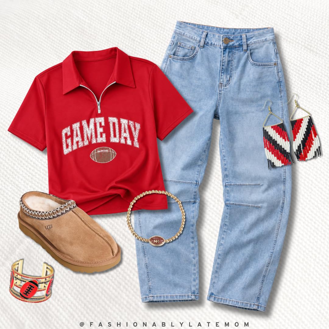 Red Game Day quarter zip polo with light wash straight leg jeans and suede slip-on clogs