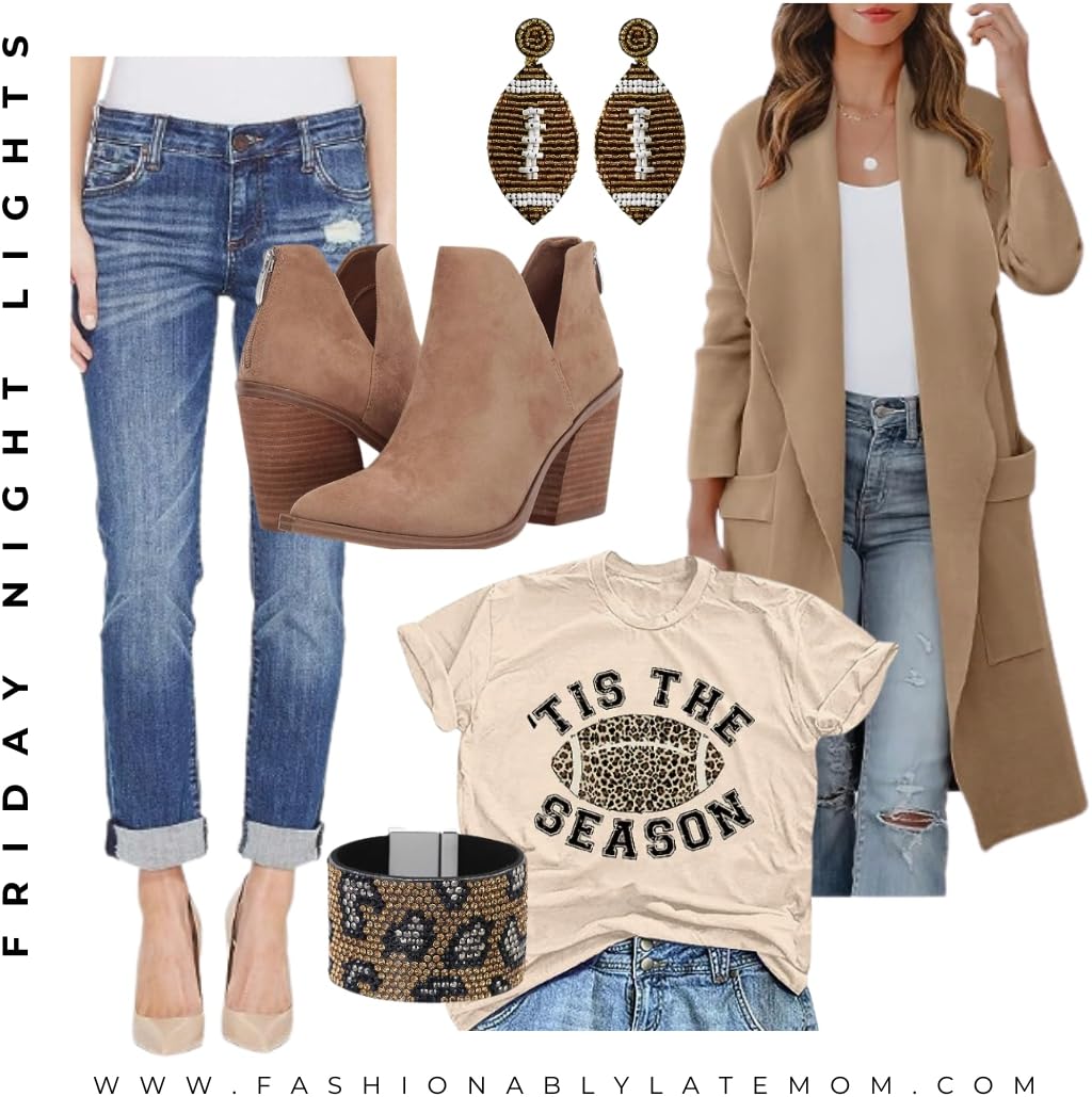 Friday night lights outfit with leopard football tee, camel cardigan, boyfriend jeans and suede booties