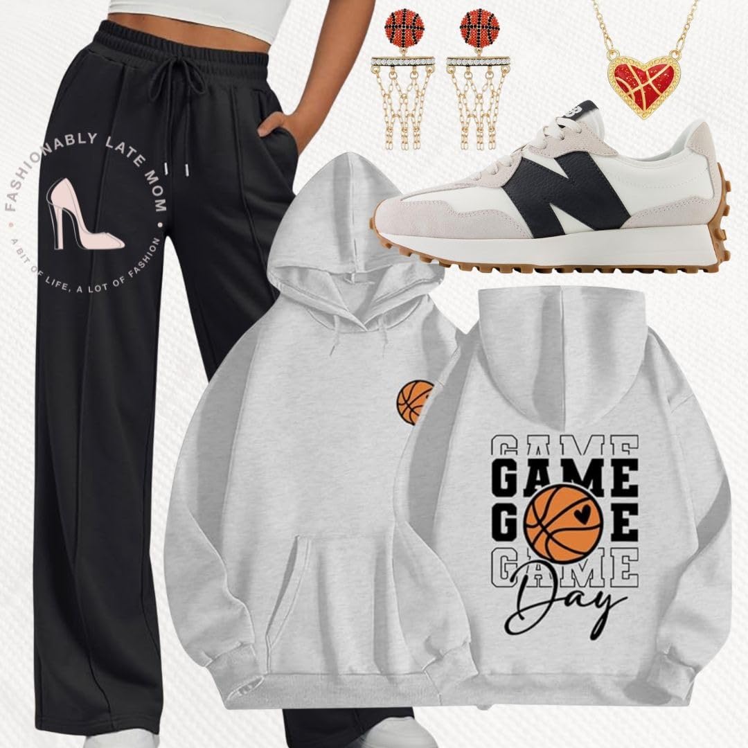 Basketball Game Day hoodie with black wide leg sweatpants and retro sneakers