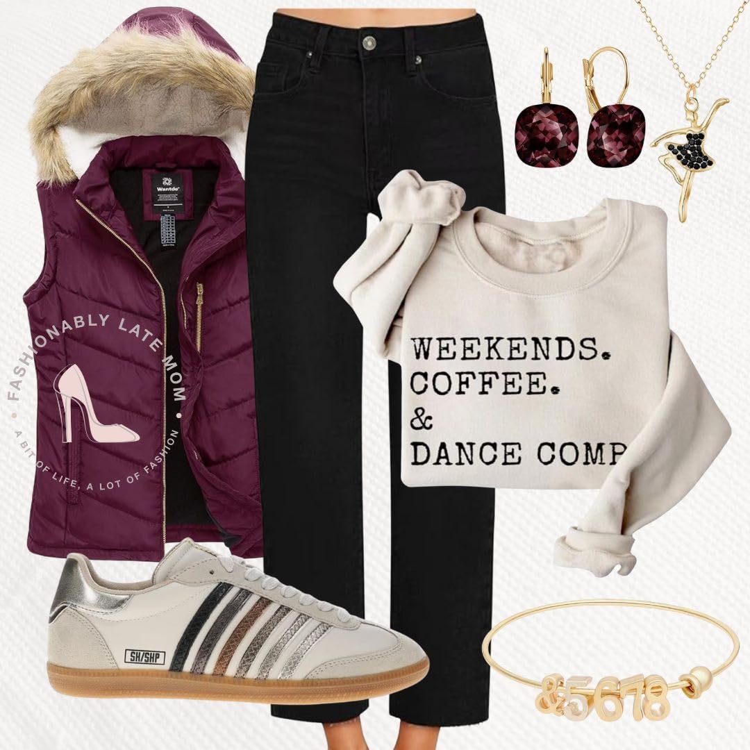 Weekends Coffee and Dance Comp sweatshirt with burgundy puffer vest and black jeans