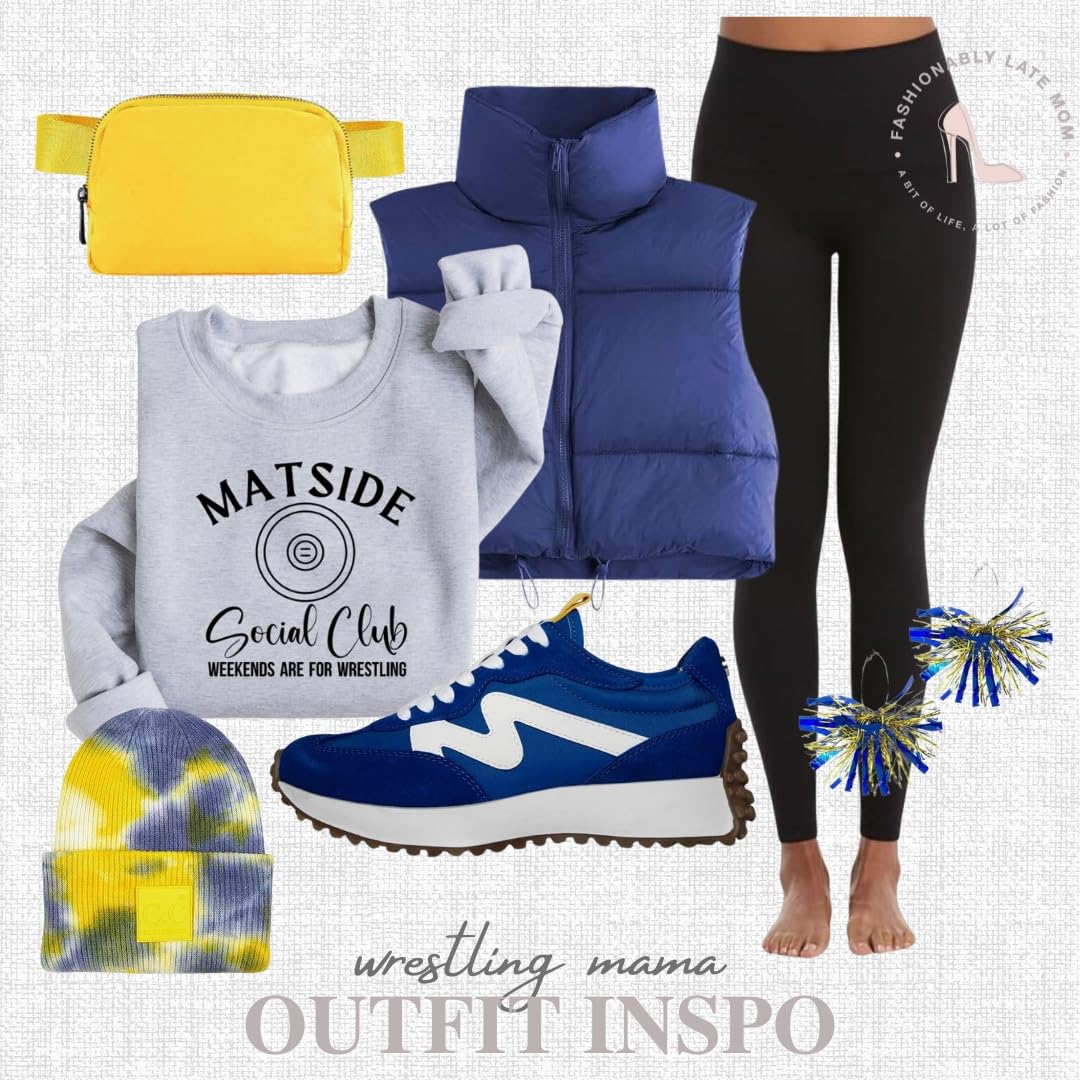 Matside Social Club wrestling sweatshirt with navy puffer vest, black leggings and blue sneakers