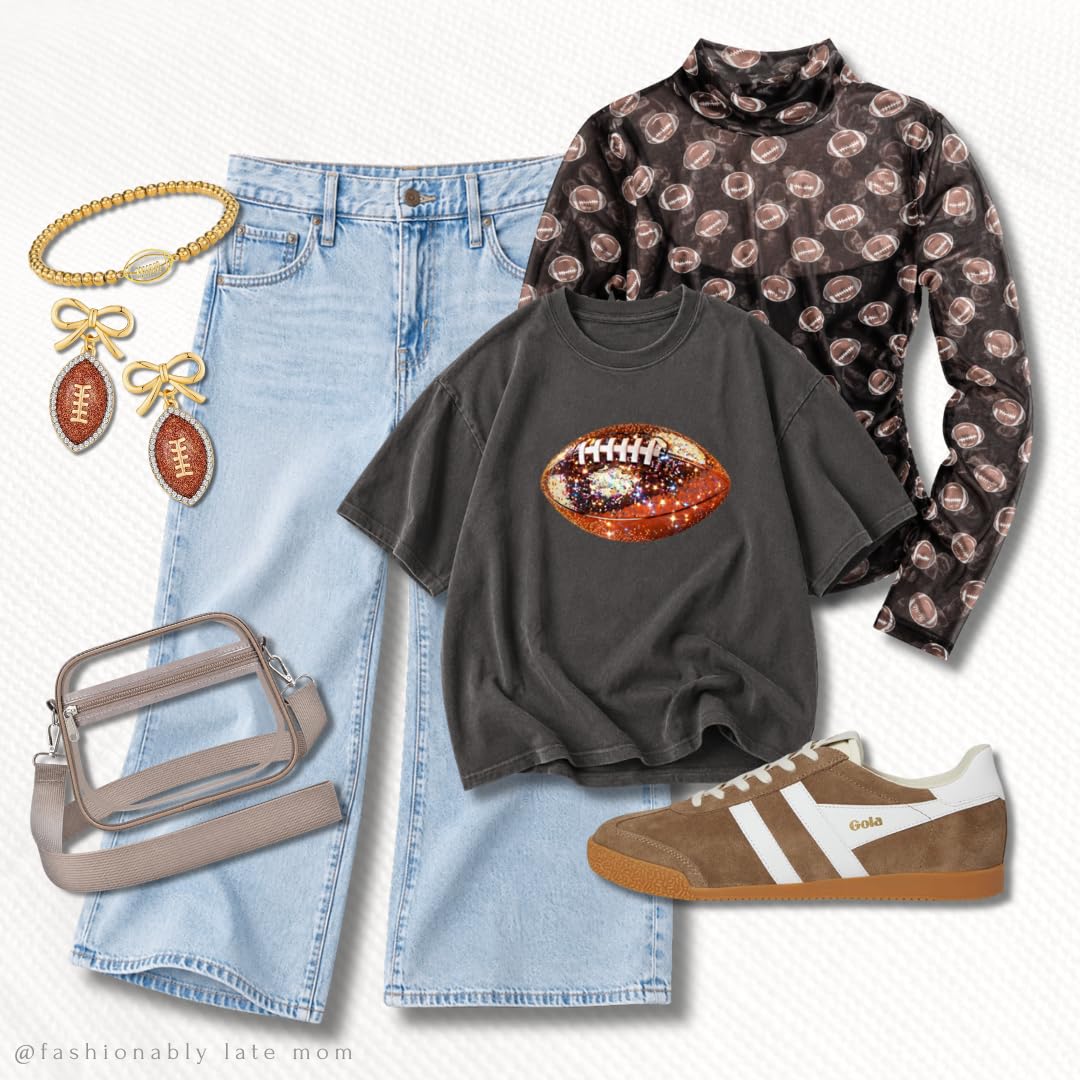 Sparkly football graphic tee over a football print mesh top with light wash jeans and suede sneakers