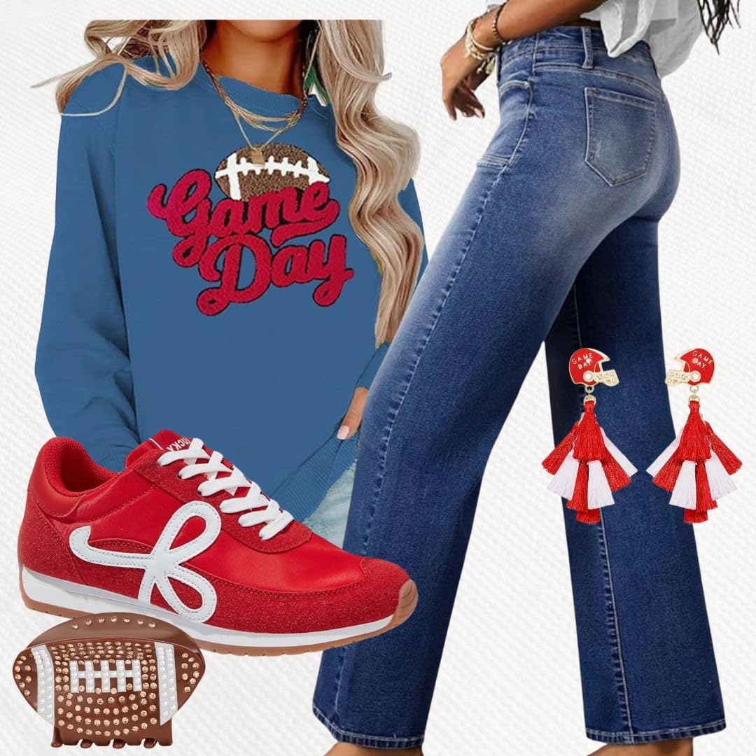 Blue Game Day chenille sweatshirt with wide leg jeans, red sneakers and helmet tassel earrings