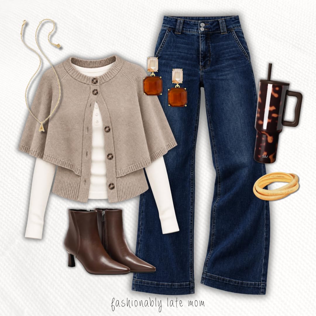 Tan cropped cardigan with a white tee, dark wide leg jeans and brown ankle boots