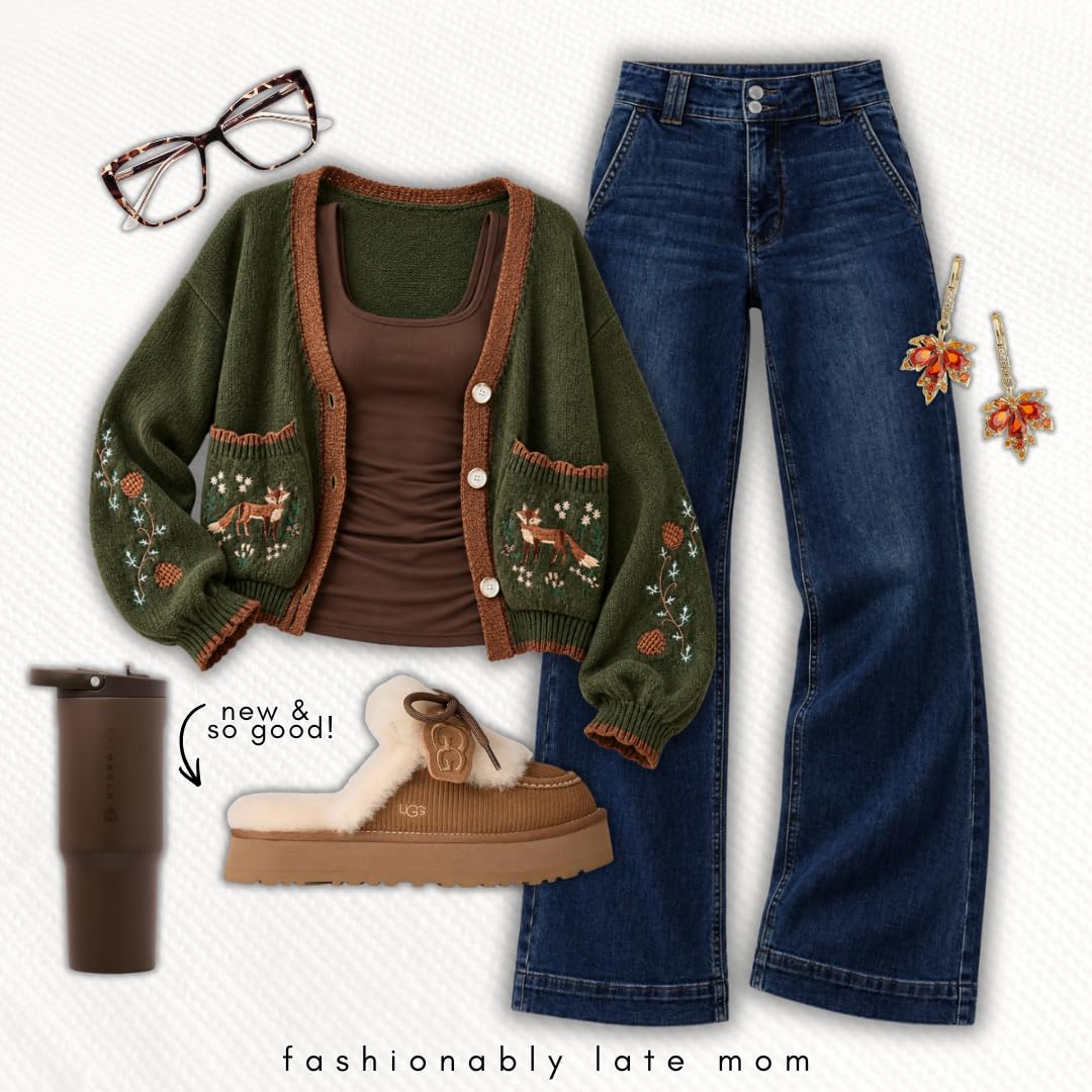 Green embroidered cardigan with a brown top, wide leg jeans and fuzzy platform slippers